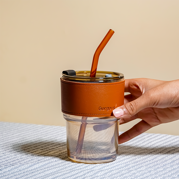 Glass Tumbler with Leather Sleeve - Orange Straw Main image