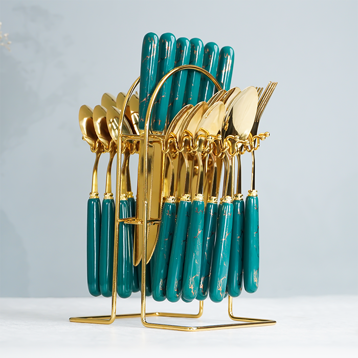 Teal and Gold Stainless Steel Cutlery Set of 24