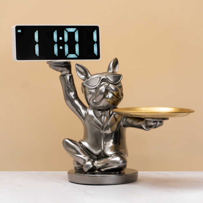Silver Dog Figurine with Plate & Clock Main image