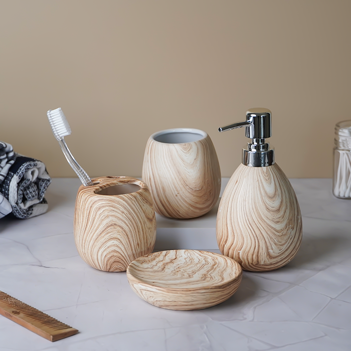 Natural Wood Grain Bathroom Set – Elegant Ceramic Bath Accessories