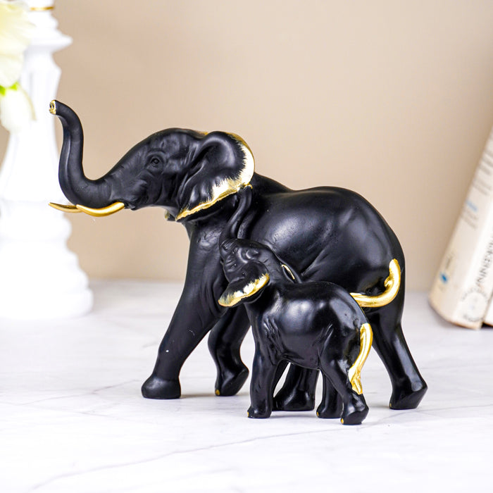 Black Elephant Figurine Set with Gold Accents