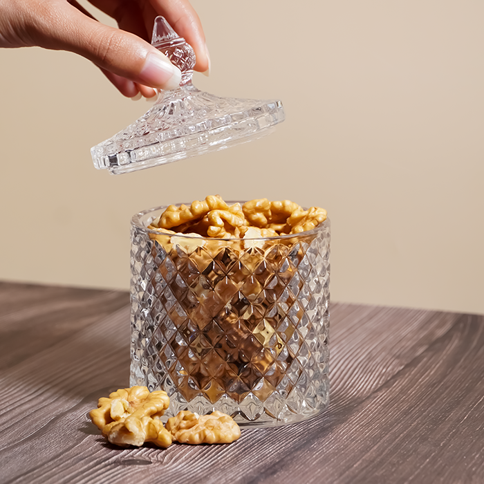 Crystal-Cut Glass Storage Jar with Lid - Diamond Patterned Clear Container