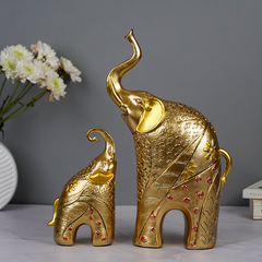 Gold Elephant Statues with Floral Accents - Set of Two