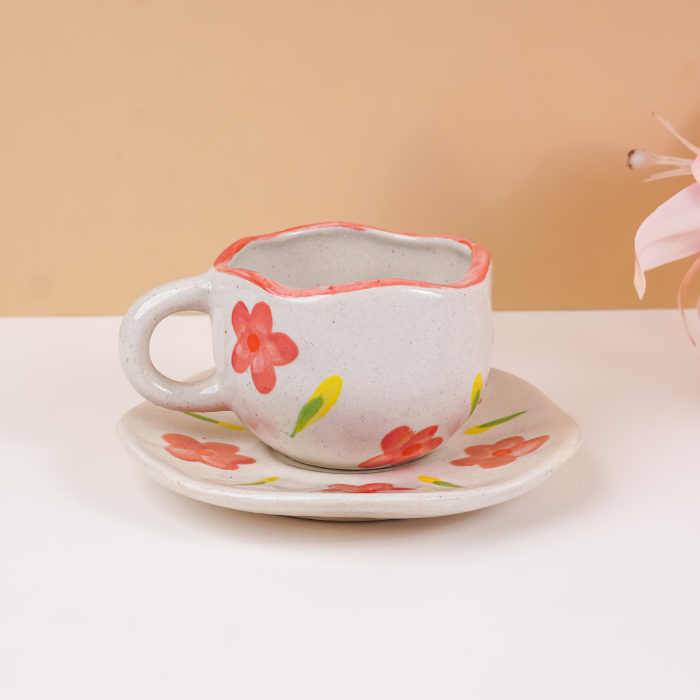 Hand-Painted Floral Ceramic Cup and Saucer Set