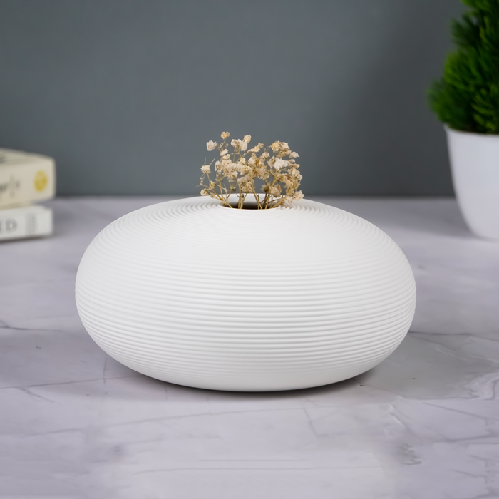 White Round Textured Vase - Unique Low Profile Design