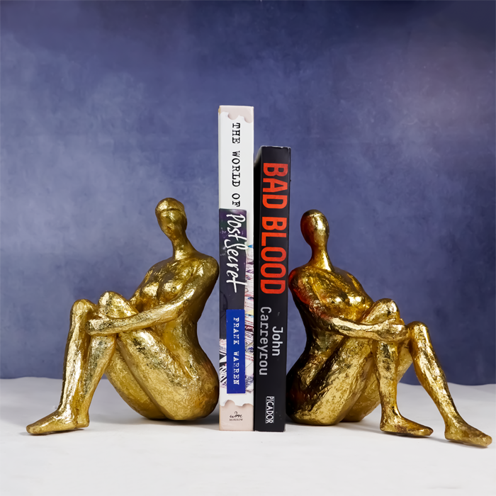 Gold Abstract Bookend Sculptures - Unique Sitting Figures Design