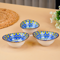 Yellow & Blue Sunburst Long Ceramic Bowls Set of 3