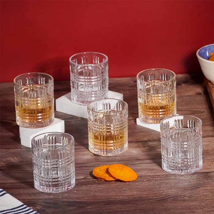 Clear Grid Pattern Design Whiskey Glasses - Set of 6