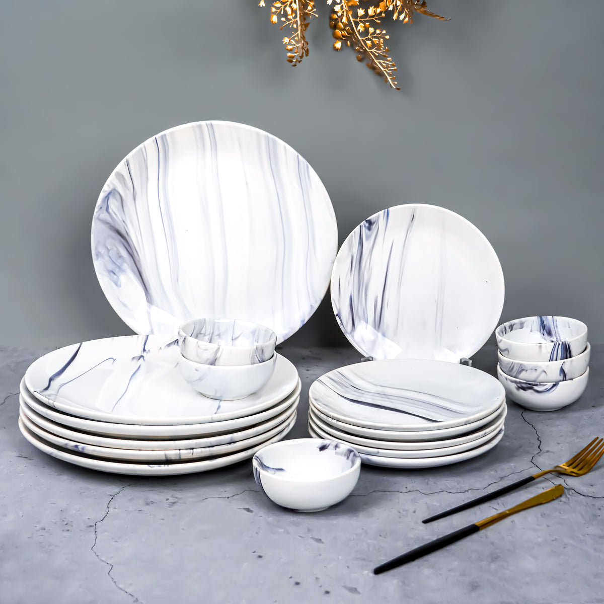 White Marble Ceramic Dinnerware - Set of 18