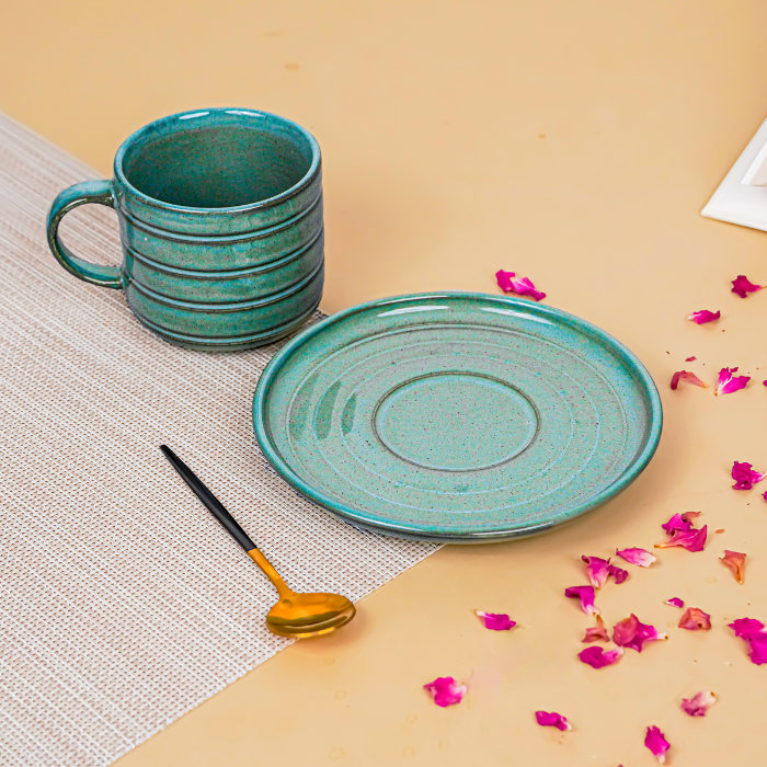 Green Ribbed Ceramic Cup and Saucer Set