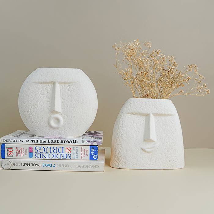 Textured Beige Abstract Face Planter Duo