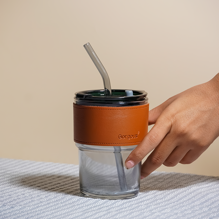 Glass Tumbler with Leather Sleeve - Black Straw