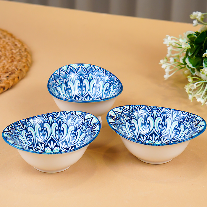 Blue & White Petal Long Ceramic Bowls Set of 3