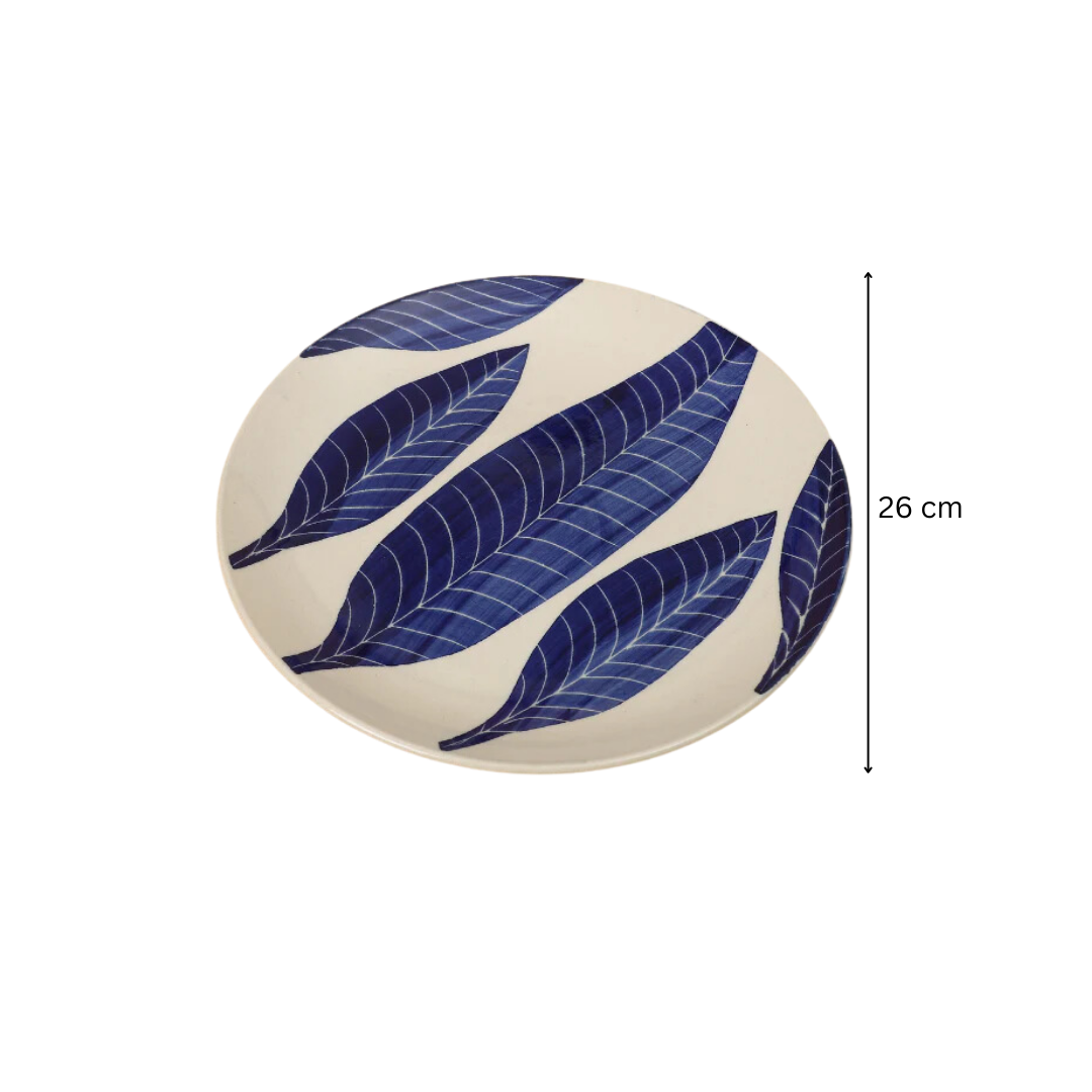 White Base Dinner Plate with Blue Leaf design