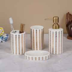 Striped White and Gold Bathroom Set – Chic Ceramic Bath Accessories