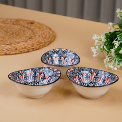 Black & Red Floral Long Ceramic Bowls Set of 3