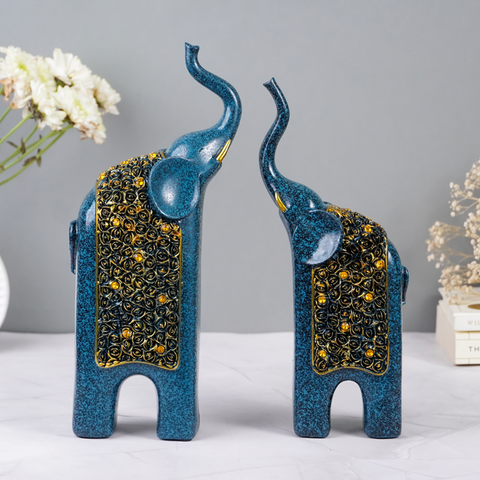 Blue Elephant Statues with Golden Accents - Unique Home Decor