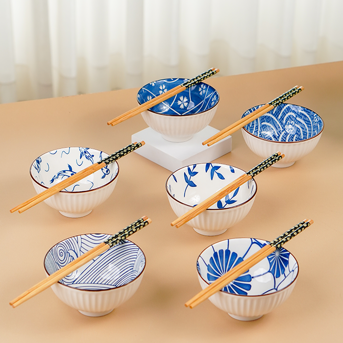 Blue Artwork Ceramic Bowls Set of 6 with Chopsticks