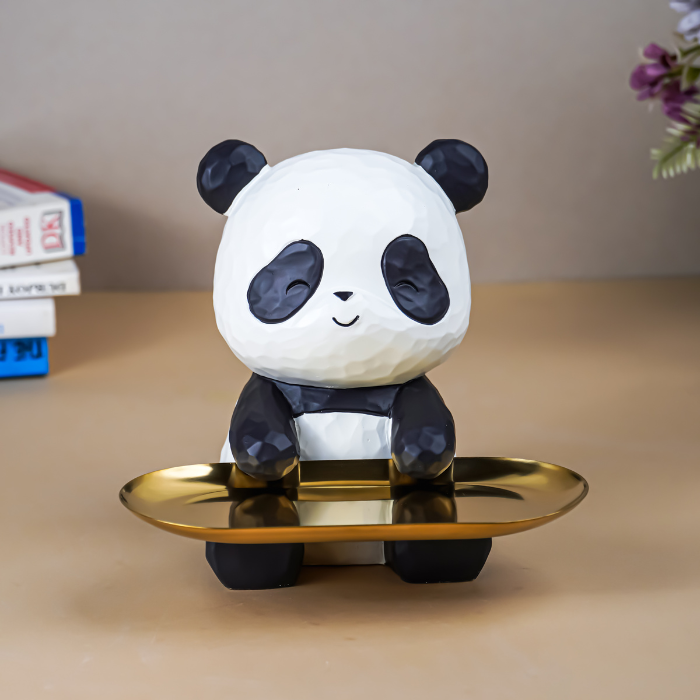 Black and White Panda Tray Holder with Gold Oval Plate