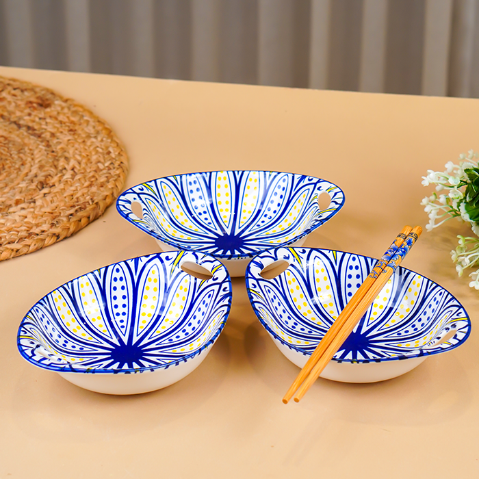 Blue & Yellow Side Handles Ceramic Bowls Set of 3