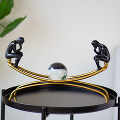 Modern Black Thinker Sculptures on Gold Arch with Crystal Sphere