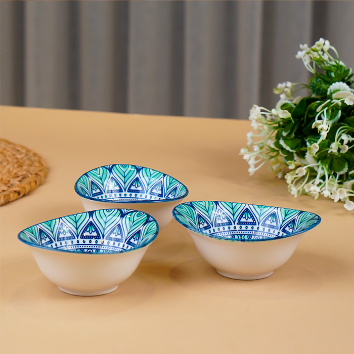 Blue & Teal Lotus Long Ceramic Bowls Set of 3