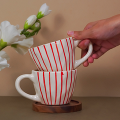 White Ceramic Cup with Hand-Painted Red Stripes