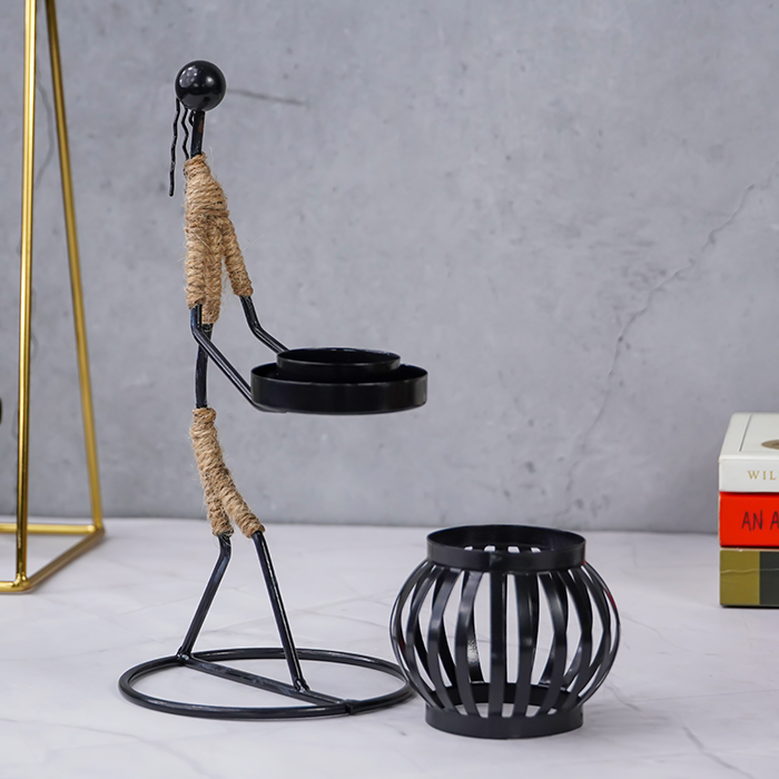 Black Iron Candle Holder with Jute Wrapped Design Main image