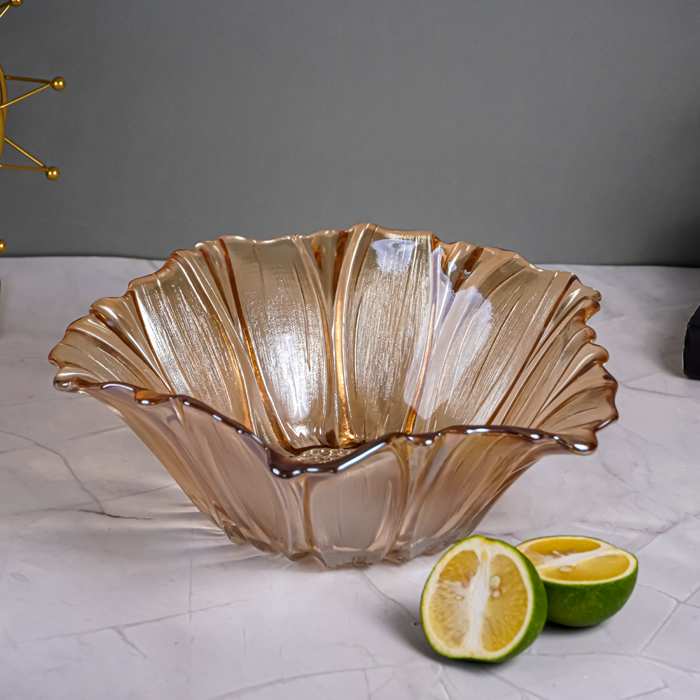 Amber Gold Fluted Glass Bowl with Wave Design Main image