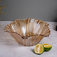 Amber Gold Fluted Glass Bowl with Wave Design