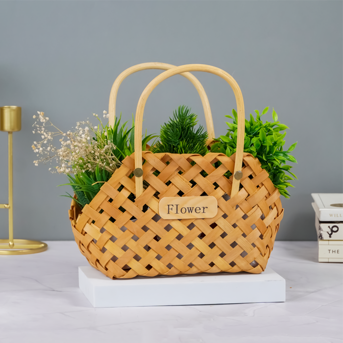 Natural Woven Flower Basket - Unique Double Handle Design