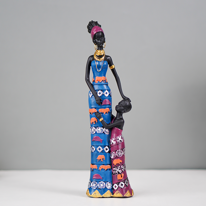 Mother and Child Sculpture with Vibrant Tribal Patterns