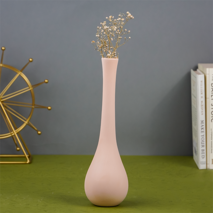 Matte Pink Long Neck Vase with Teardrop Base