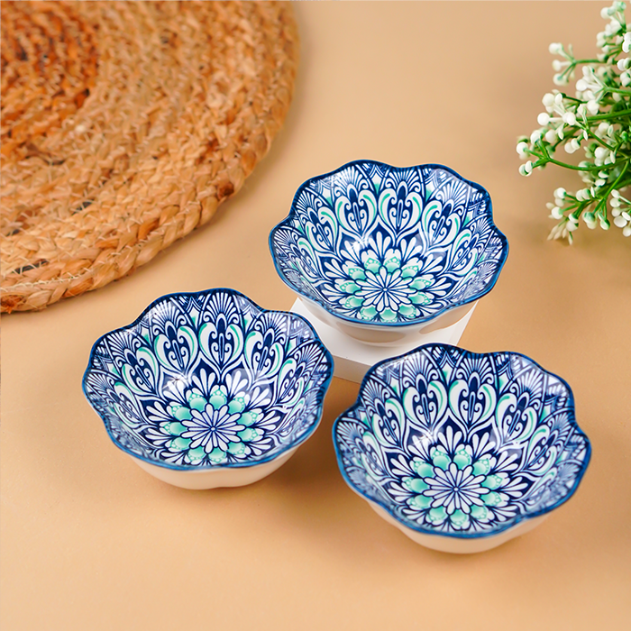 Blue Scallop-Edge Ceramic Bowls Set of 6