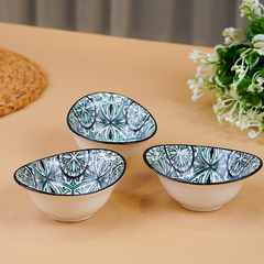 Green & White Mandala Long Ceramic Bowls Set of 3