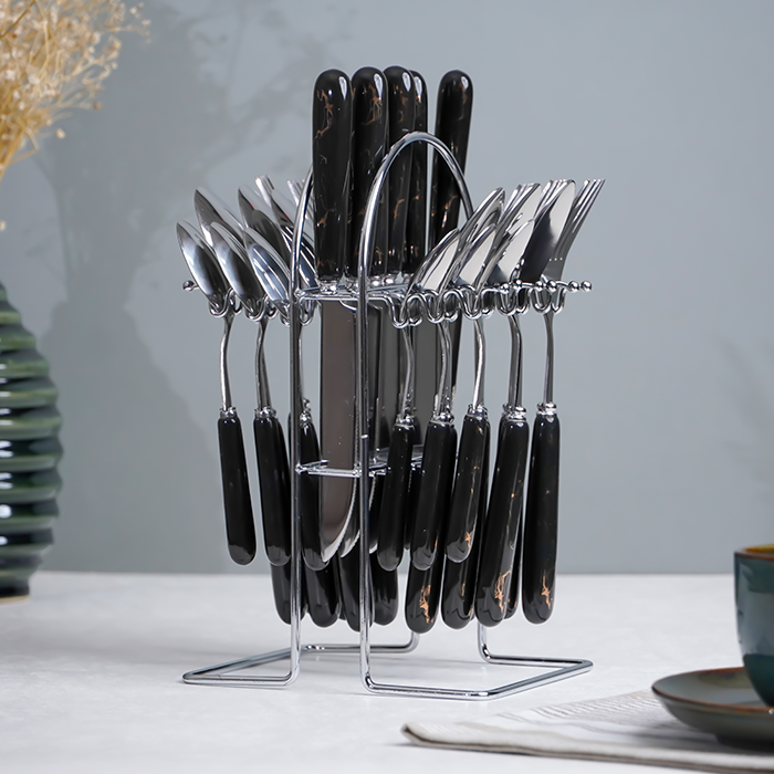 Black and Silver Stainless Steel Cutlery Set of 24 Main image