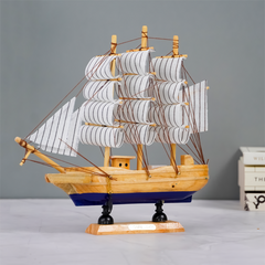 Light Wood and Blue Model Ship Sculpture