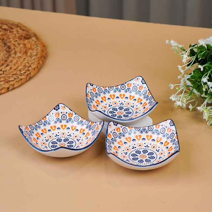 Orange & White Floral Square Ceramic Bowls Set of 3 Secondary image