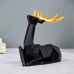 Black Geometric Deer Figurine with Gold Antlers