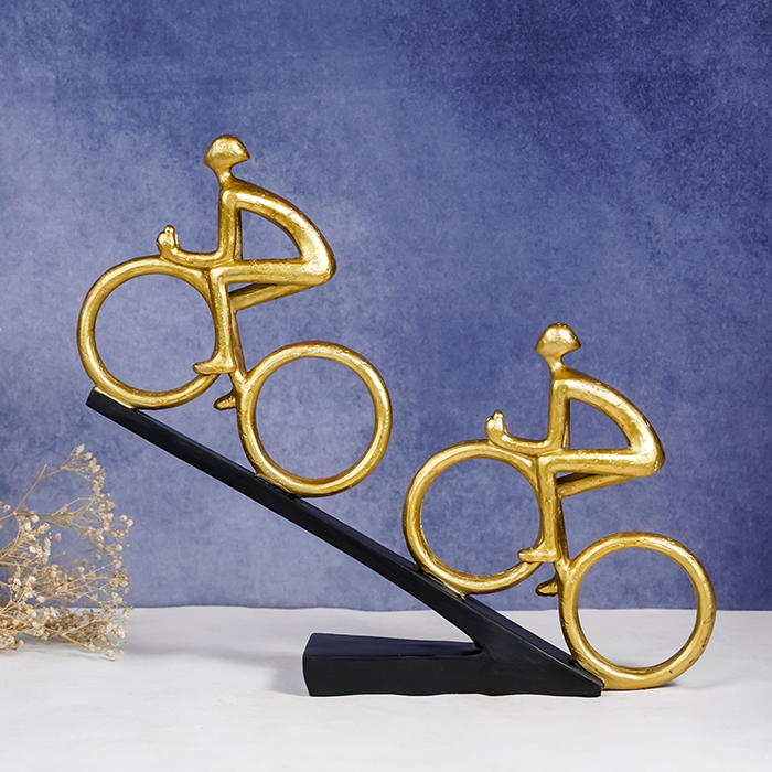 Gold Cyclist Sculpture - Dual Cyclists on Black Base