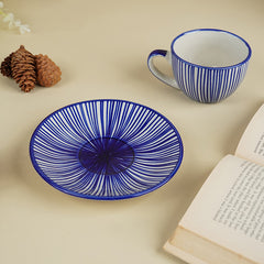 Blue and White Striped Ceramic Cup & Saucer