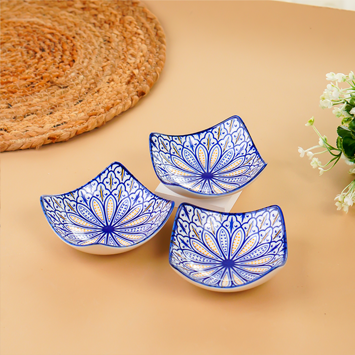 Blue & Yellow Petal-Design Square Ceramic Bowls Set of 3