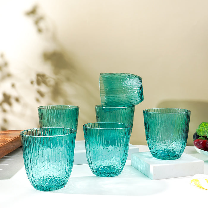 Aqua Green Textured Glasses with Rippled Design | Set of 6