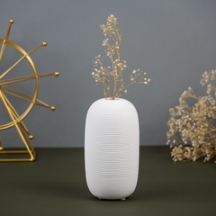 White Ribbed Ceramic Vase with Textured Design