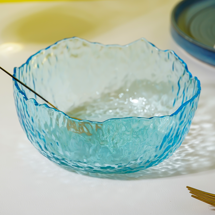 Aqua Blue Wavy Glass Bowl - Textured Sea-Inspired Serving Dish