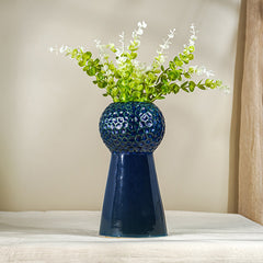 Glossy Midnight Blue Textured Vase with Tapered Base