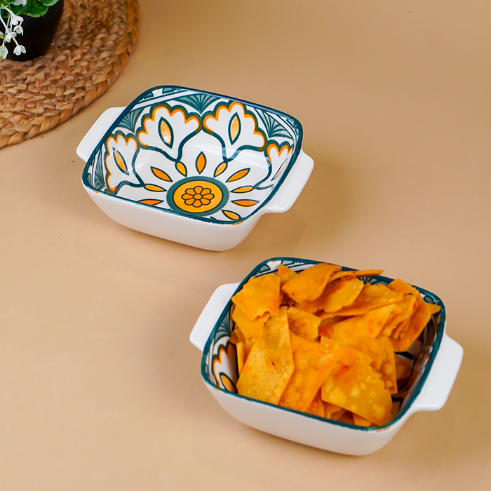 Green & Orange Meadow Square Ceramic Bowls Set of 2