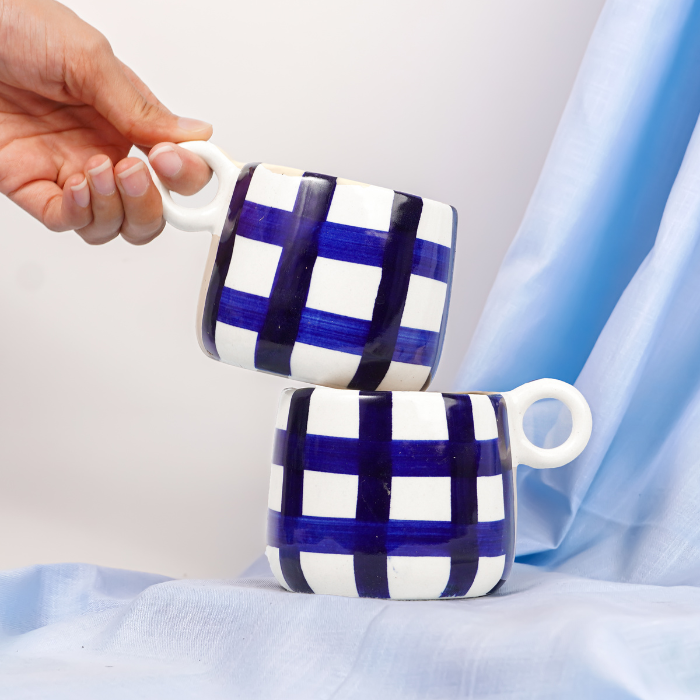 Blue and White Checkered Ceramic Mugs