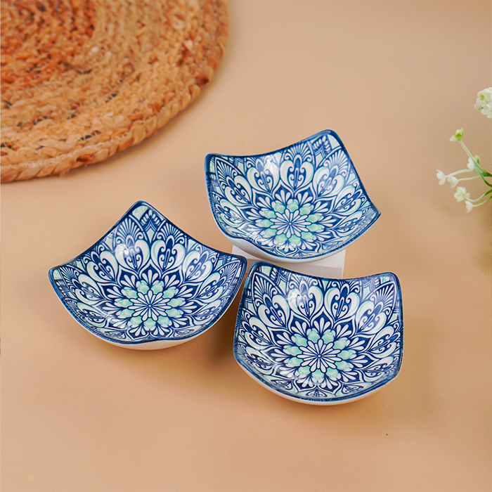 Blue & White Floral Square Ceramic Bowls Set of 3