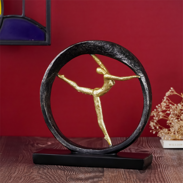 Gold Abstract Dancer in Black Circle Sculpture - Modern Art Decor